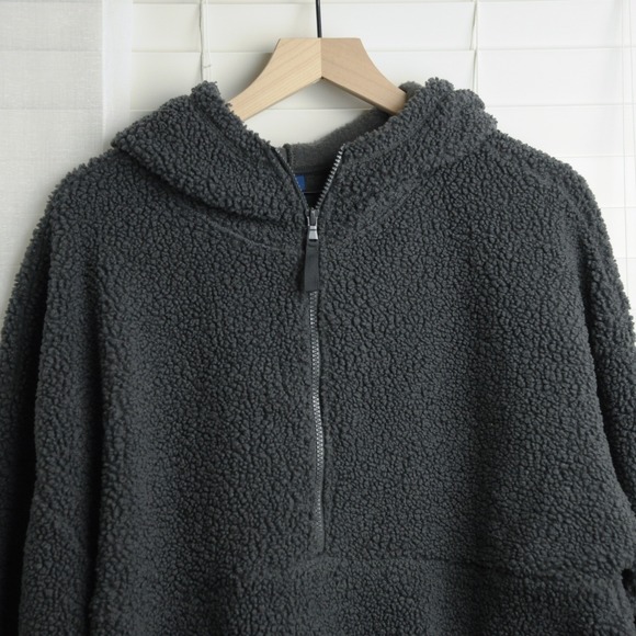 Old Navy Oversized Sherpa Hoodie Teddy Fleece Pullover L Charcoal Gray Cozy - Picture 3 of 7